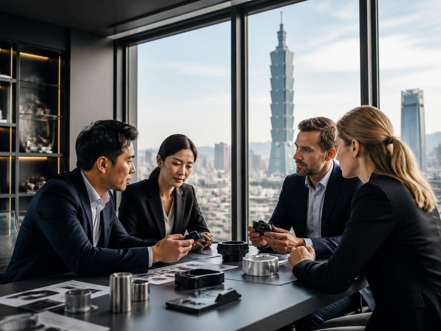 International buyers meeting a Taiwanese supplier in a Taipei office with product samples on the table